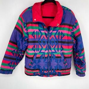 Vintage 90s Womens Small Retro Wild Crazy Colorful Puffy Ski Jacket Southwest